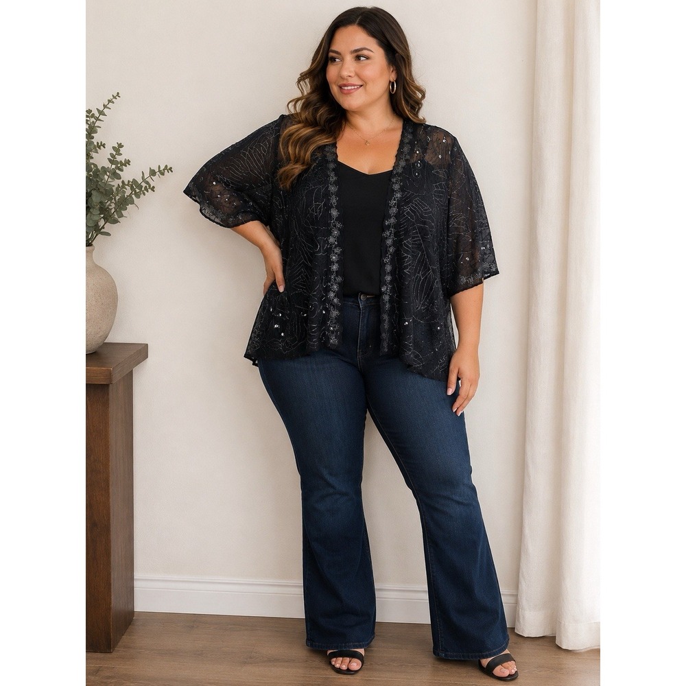 Chico's Black Embellished Short-Sleeve Kimono Jacket